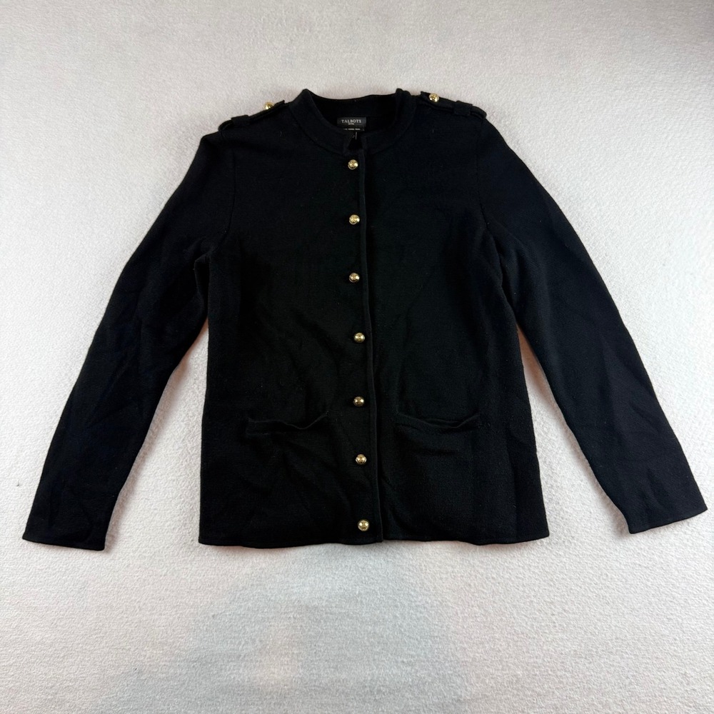 Talbots Petites Black Merino Wool Military Cardigan Gold Buttons Size MP
